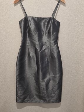 Cue Charcoal Gray Satin Midi Sheath Dress Size S